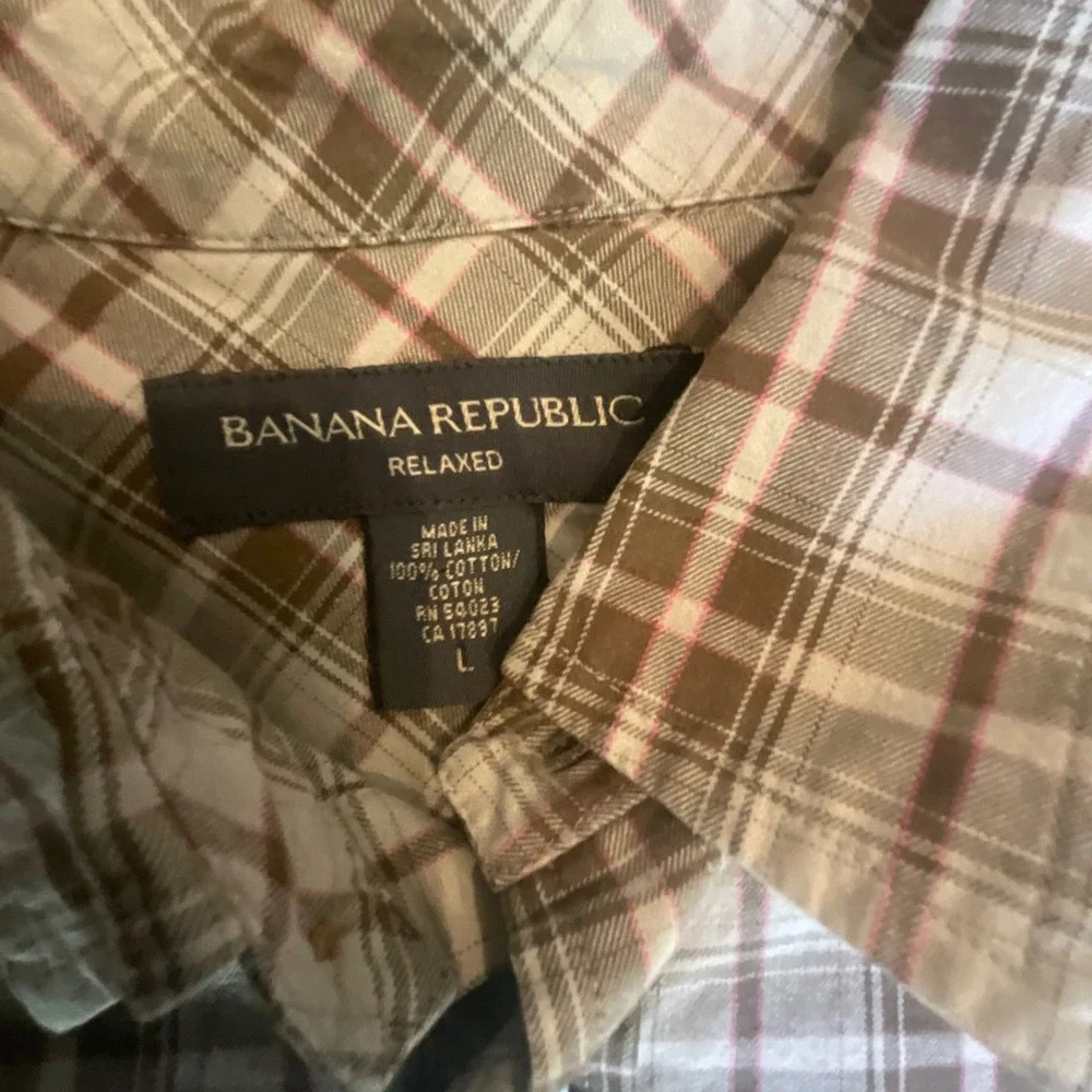 Banana Republic Relaxed Plaid Button Down Shirt Mens‎ L Brown Tan Cotton Casual